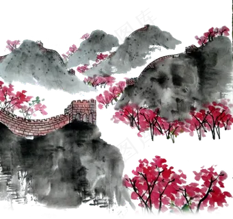 中国万里长城桃花梅花水墨 中国万里长城桃花梅花水墨
