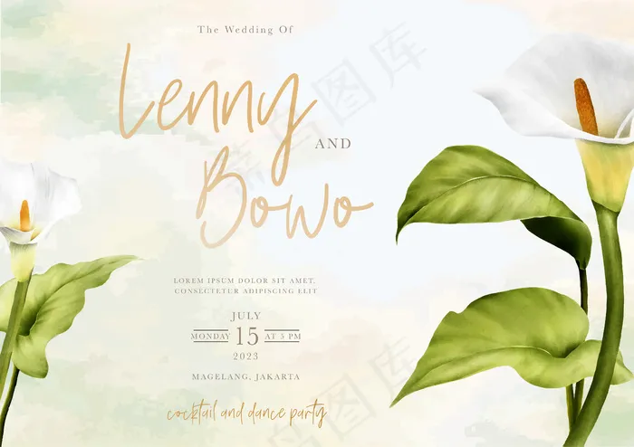 手绘百合花婚礼请柬eps,ai矢量模版下载