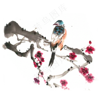 梅花与小鸟水墨画PNG免抠素材
