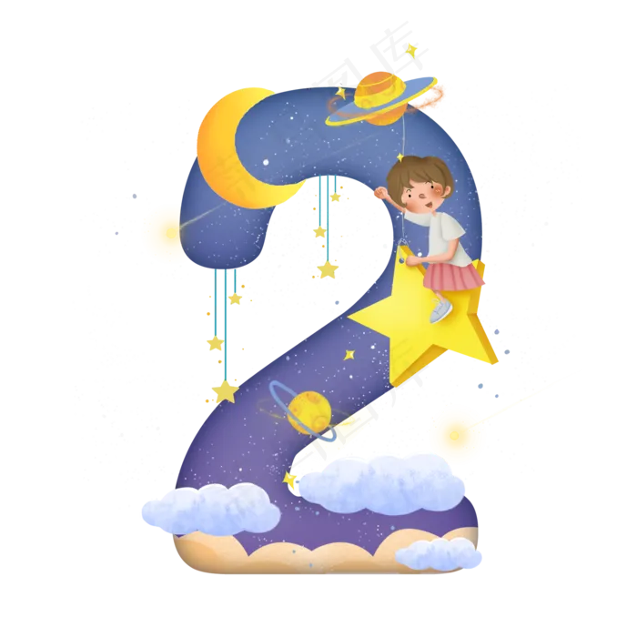 卡通儿童节星空女孩数字2(2000X2000(DPI:300))psd模版下载