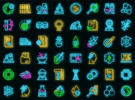 纳米技术图标设置。黑色上的纳米技术矢量图标霓虹色的轮廓集