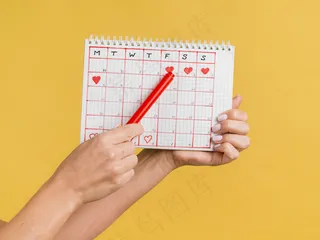 手拿红笔和周期日历前视图