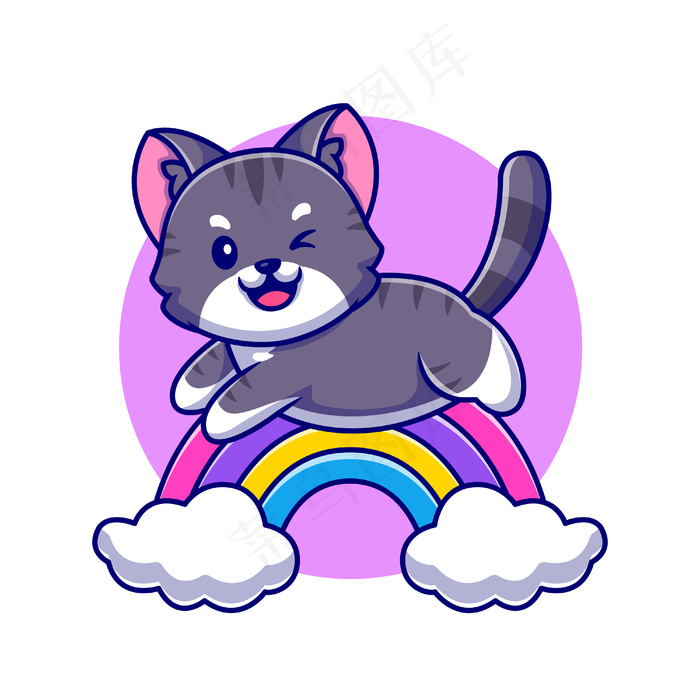 可爱的猫跳跃彩虹和云卡通图标插图。eps,ai矢量模版下载