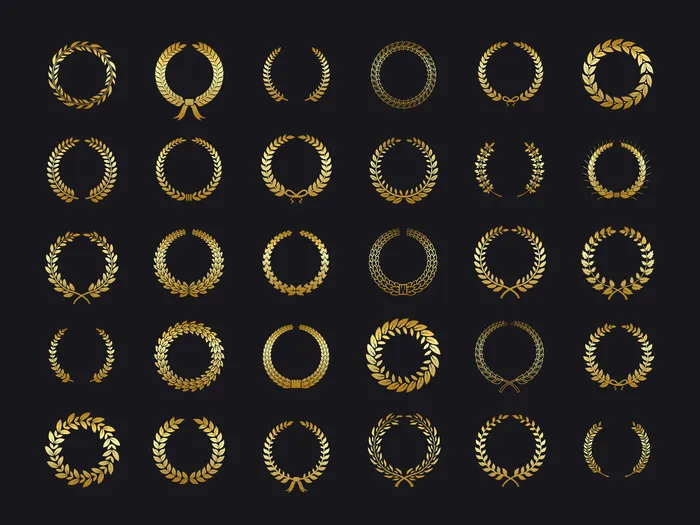 金桂花环。金色月桂叶小麦橄榄橡木花环月桂叶获奖纹章贴纸黑色背景eps,ai矢量模版下载