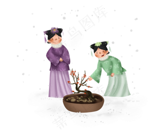 中国风观赏梅花的清朝宫女