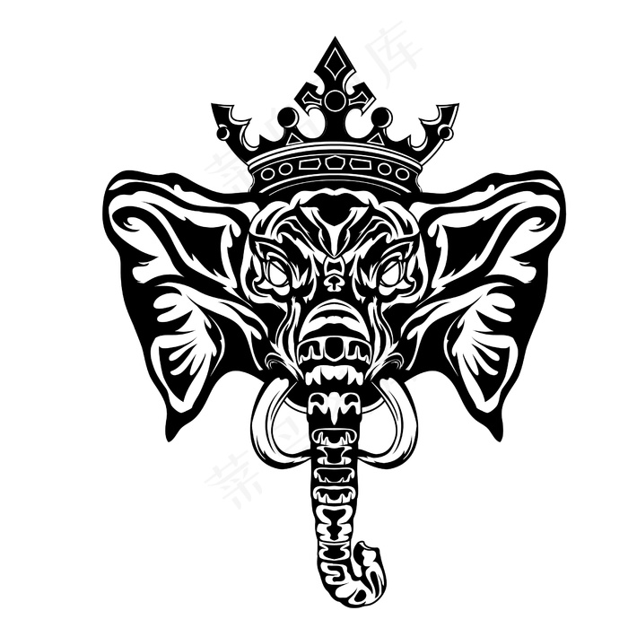 黑白手绘插图王象纹身eps,ai矢量模版下载
