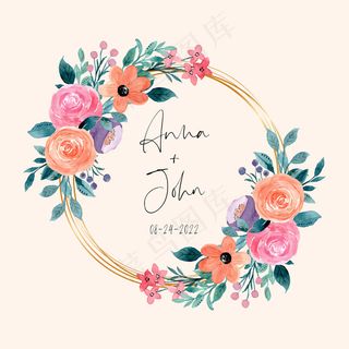 彩色水彩花环，金框