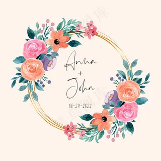 彩色水彩花环，金框
