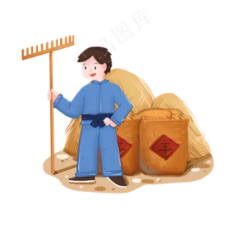 秋季丰收站在粮堆前的农民伯伯