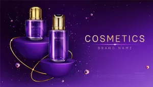 化妆品瓶在主席台香水广告横幅banner