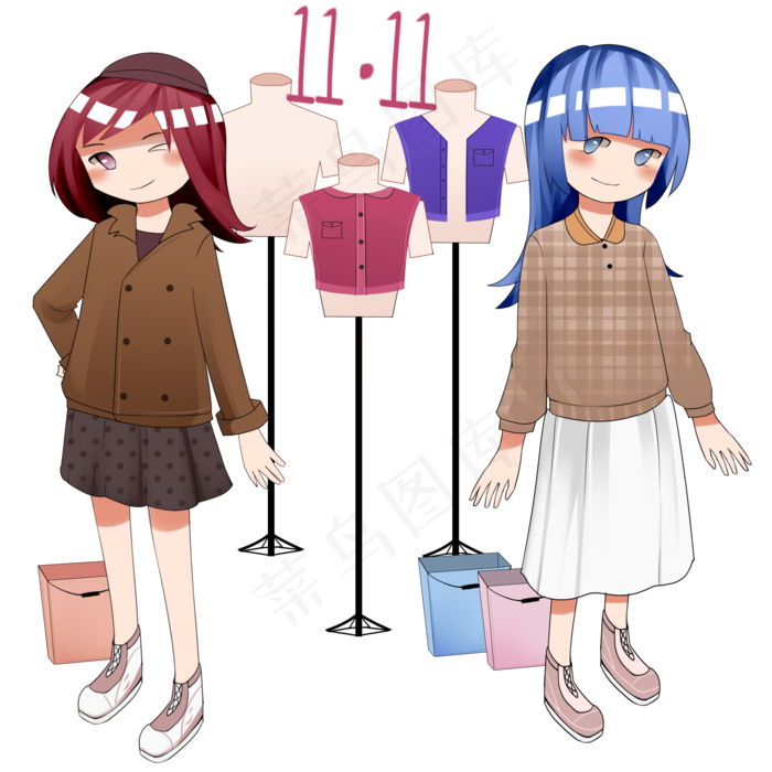 手绘双十一靓妹试衣服