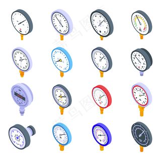 设置压力计图标。用于隔离在空白处的网页设计的等距压力计矢量图标集