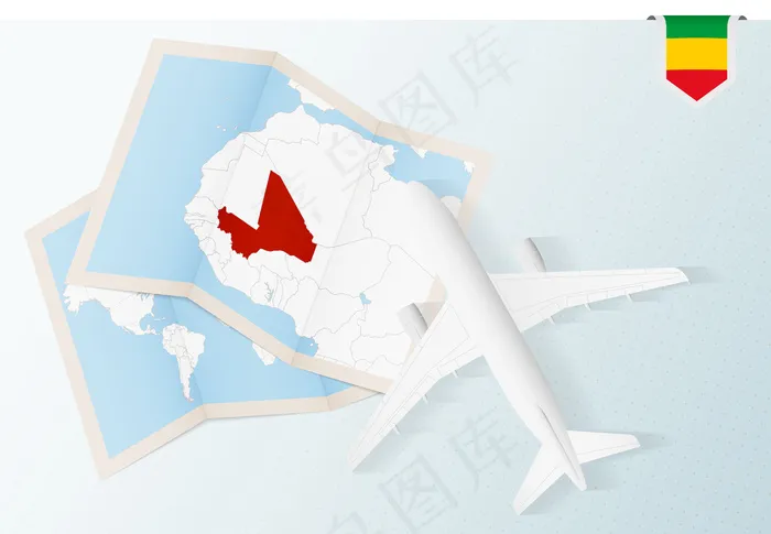 前往马里，带地图和马里国旗的顶视图飞机。eps,ai矢量模版下载