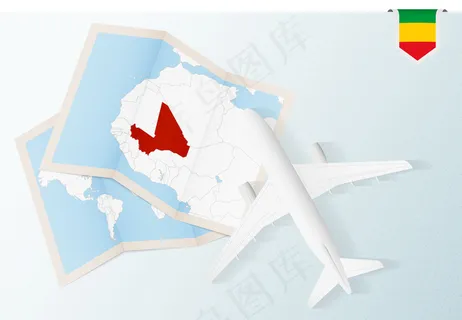 前往马里，带地图和马里国旗的顶视图飞机。