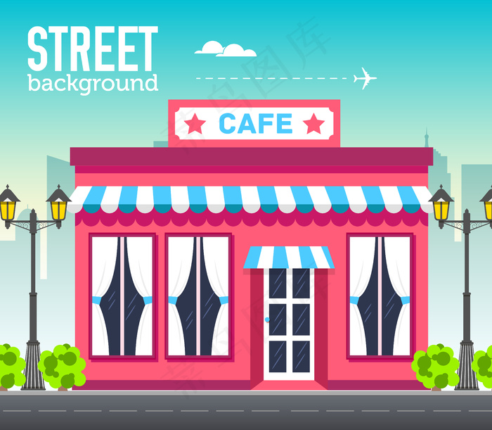 城市空间中的咖啡店建筑，以道路为的平面概念