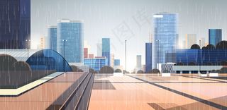 空旷的市中心雨滴落在城市街道上，没有人和汽车，雨天