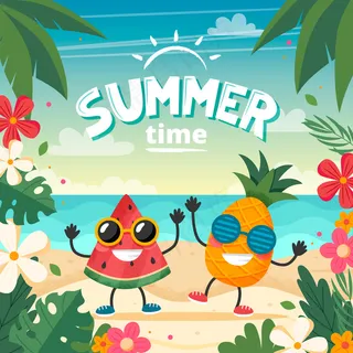 夏季时间卡与水果的特点,海滩景观,刻字和花卉框架。 夏季时间卡与水果的特点,海滩景观,刻字和花卉框架。