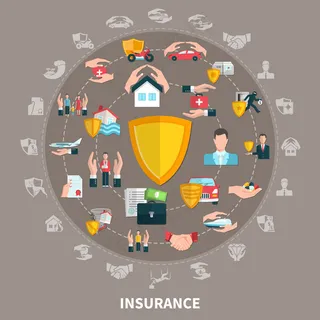 商业保险、健康保险、旅游保险、财产保险和运输保险，灰褐色背景的圆形组合