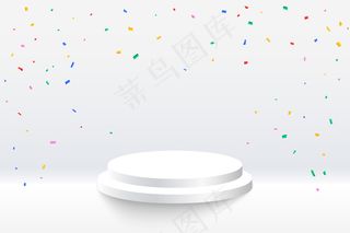 白色背景上带讲台平台的庆祝五彩纸屑
