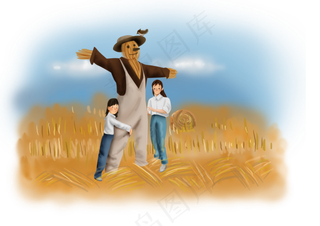 立秋手绘麦田里的女孩和稻草人