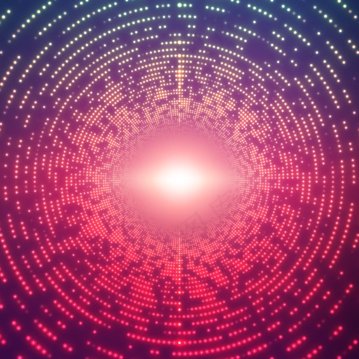 紫罗兰色背景上闪耀着闪光的无限圆形隧道