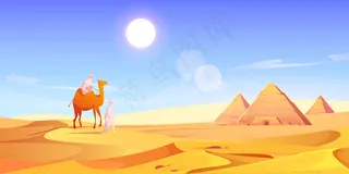两个男人和骆驼在埃及沙漠中的金字塔