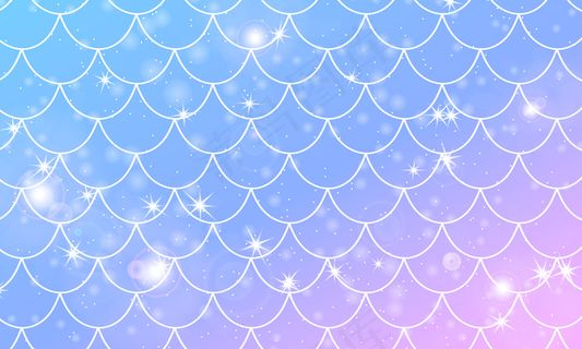 美人鱼鳞片。鱼鳞。卡瓦伊模式。水彩全息星星。彩虹背景。彩色插图。缩放打印。