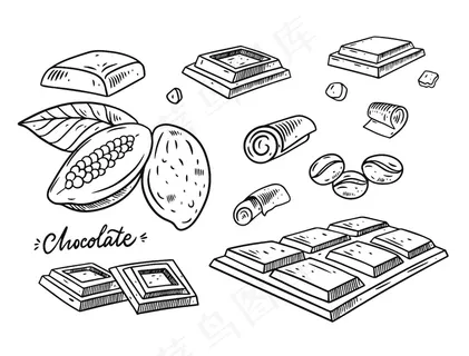 巧克力手绘素描。雕刻风格。黑色。隔离在白色背景上。