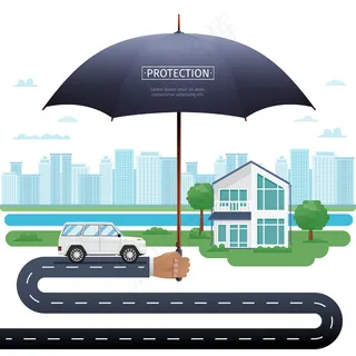探员拿着雨伞在房子和汽车上。财产保险伞式保护概念说明。雨伞下的汽车和房子 探员拿着雨伞在房子和汽车上。财产保险伞式保护概念说明。雨伞下的汽车和房子