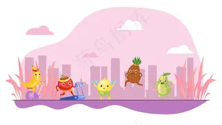 有趣的水果做运动，五颜六色的粉红色背景，健康生活的概念，健康的饮食，卡通风格的插图。