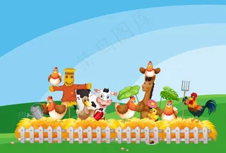 有动物农场和空白天空的农场场景