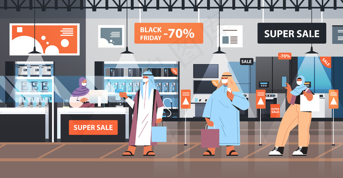 戴着防护口罩的阿拉伯人排队到收银台黑色星期五出售冠状病毒检疫概念
