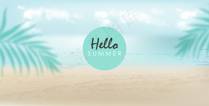 有海滩、大海和棕榈叶的夏季旗帜banner。阴天有风