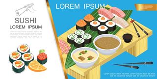 等距亚洲食品成分，寿司和生鱼片不同成分海藻酱油芥末汤筷子在桌子上插图