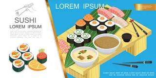 等距亚洲食品成分，寿司和生鱼片不同成分海藻酱油芥末汤筷子在桌子上插图