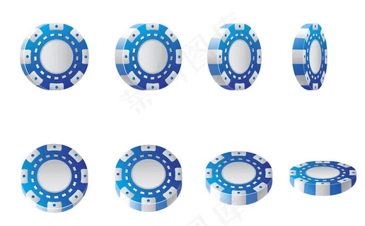 蓝白色赌场筹码的真实插图。扑克，赌场，拉斯维加斯。