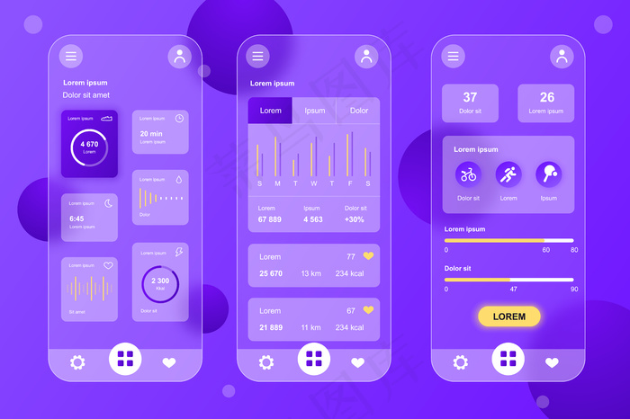 健康追踪glassmorphic design neumorphic elements kit for mobile app ui ux gui屏幕集eps,ai矢量模版下载