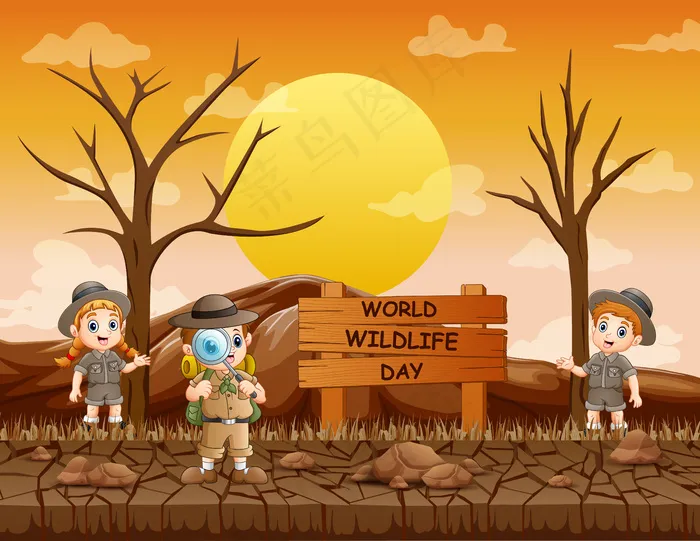 世界野生动物日与探险家男孩和女孩的标志eps,ai矢量模版下载