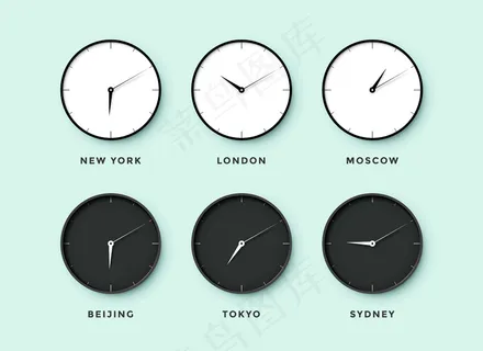为不同城市的时区设置昼夜时钟。薄荷色的黑白表。插图
