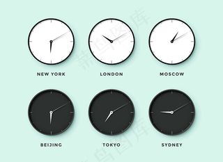 为不同城市的时区设置昼夜时钟。薄荷色的黑白表。插图