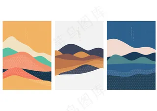 日本风格矢量自然景观插画。日本传统的几何学。亚洲设计中的高山。抽象艺术。