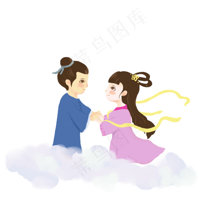 七夕牛郎织女相会可爱手绘素材