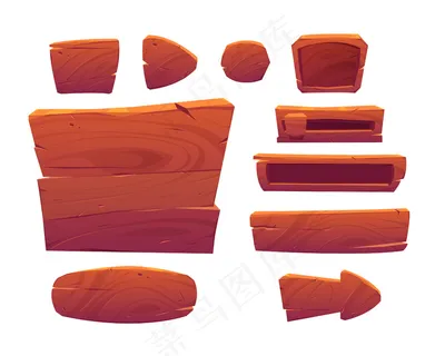 木制游戏按钮，卡通菜单界面由木质纹理板制成