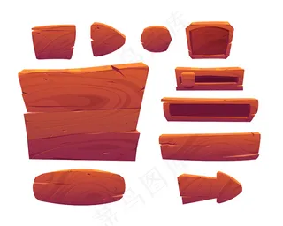 木制游戏按钮，卡通菜单界面由木质纹理板制成