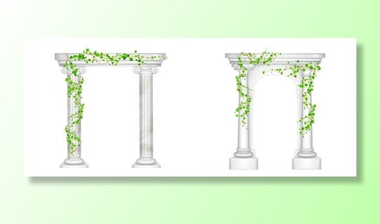 带有大理石柱和常春藤藤蔓的古老拱门