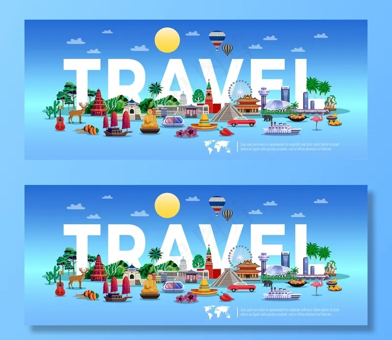 带有度假和观光元素的旅游说明eps,ai矢量模版下载