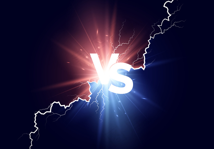 对比背景。带白色文本的蓝色和红色灯光与。