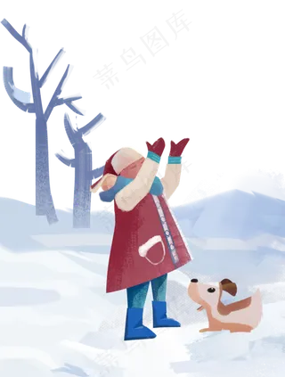 立冬雪地看雪的小孩与狗