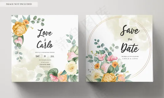 婚礼请柬模板上有美丽绽放的彩色花朵