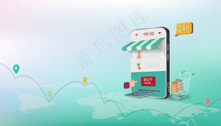 在网站或手机app移动应用程序上在线购物的等距商务概念